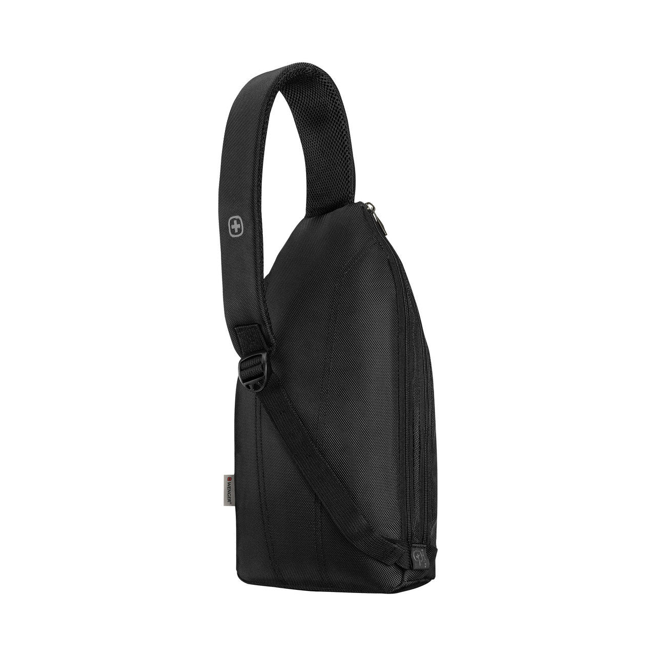 Black sling backpack with a single shoulder strap.