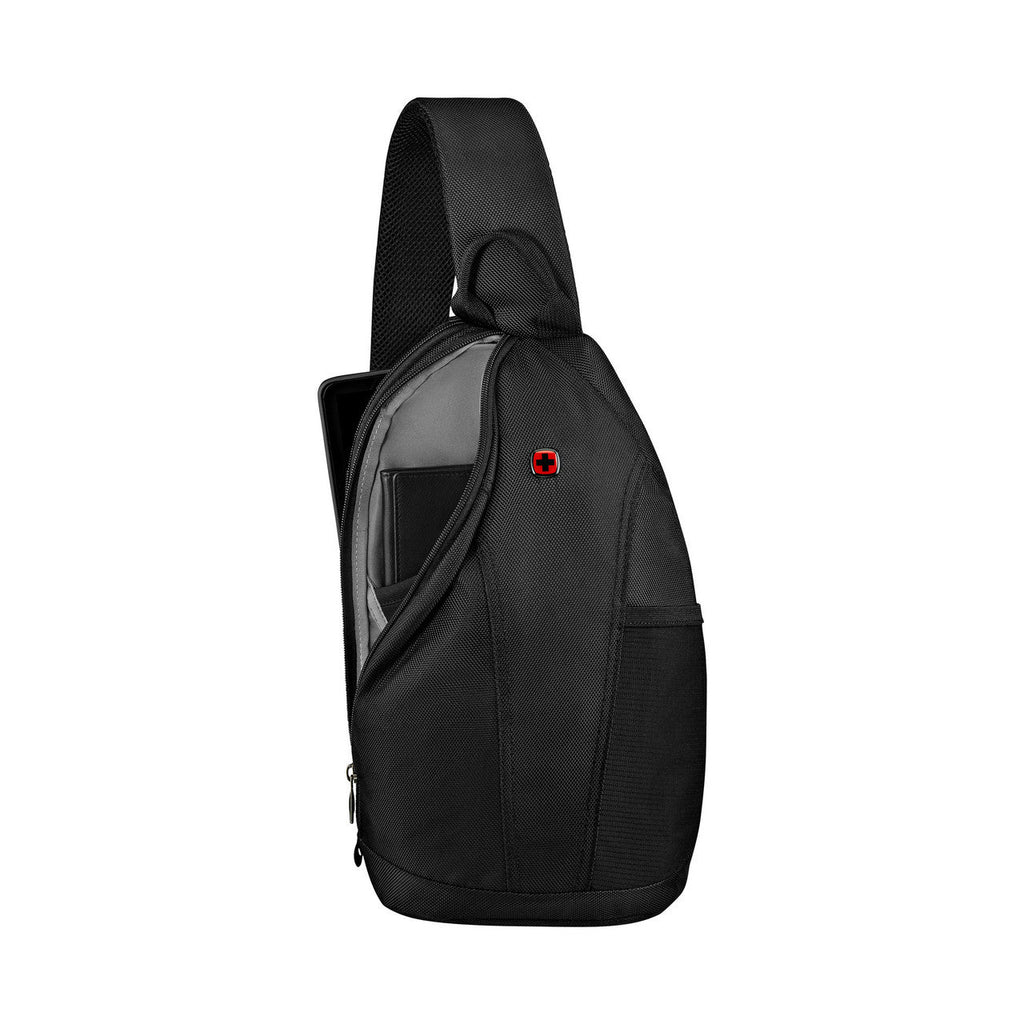 Black sling backpack with a single shoulder strap and multiple compartments.