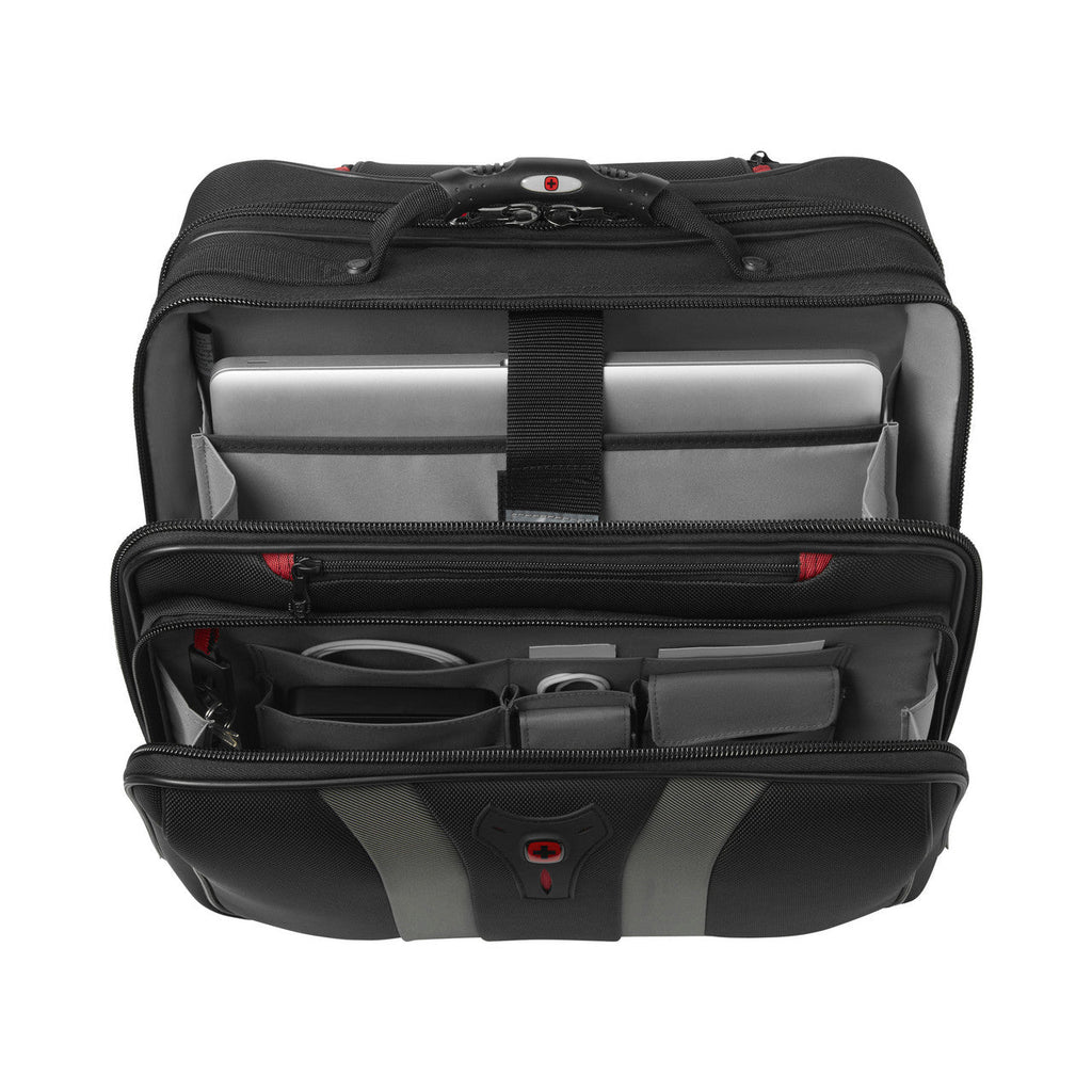 Black laptop bag with multiple compartments and pockets for organizing electronics and accessories.