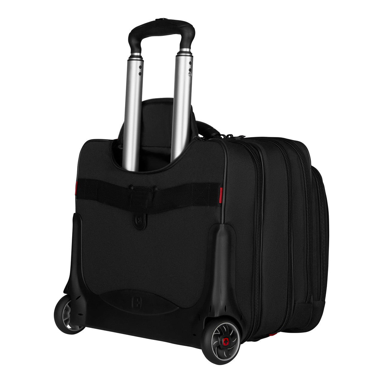 Black rolling laptop bag with telescoping handle and wheels.