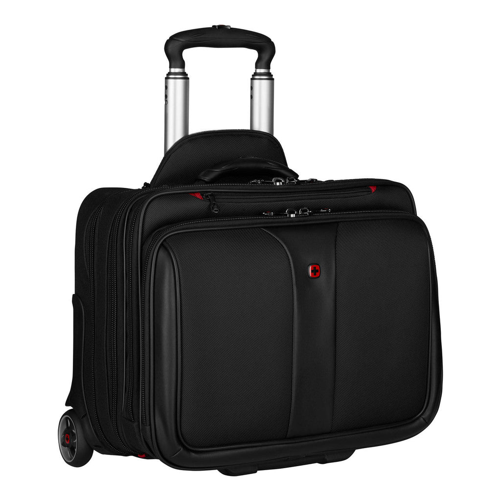 Black rolling laptop bag with a retractable handle and multiple compartments.