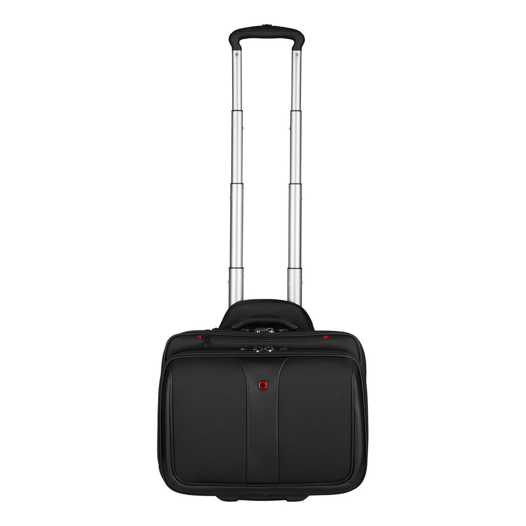 Rolling laptop bag with an extendable handle.