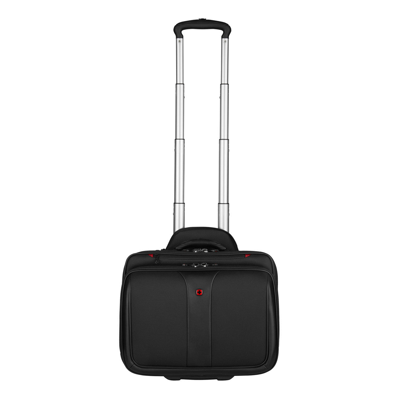 Rolling laptop bag with an extendable handle.