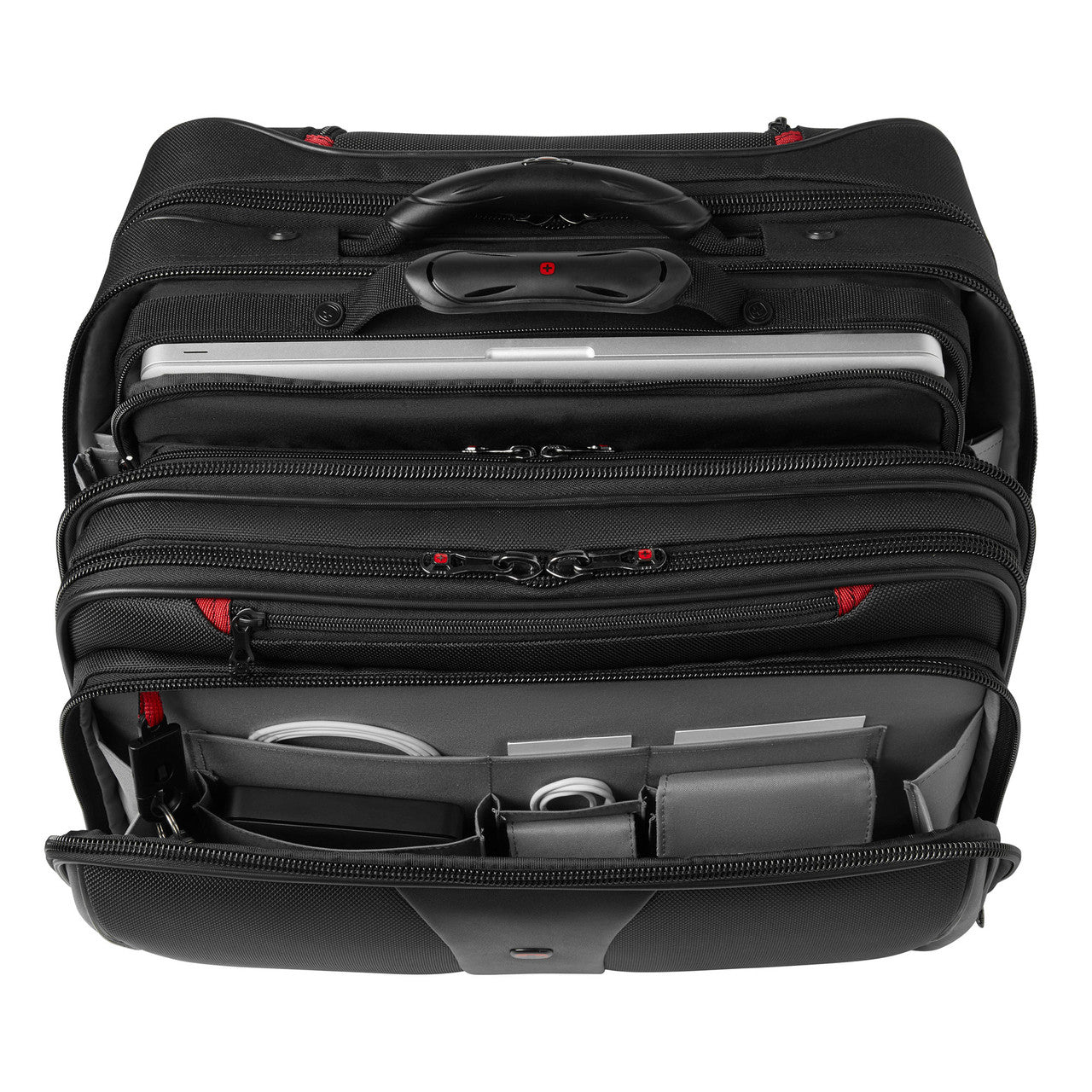Black rolling laptop bag with multiple compartments and zippers.