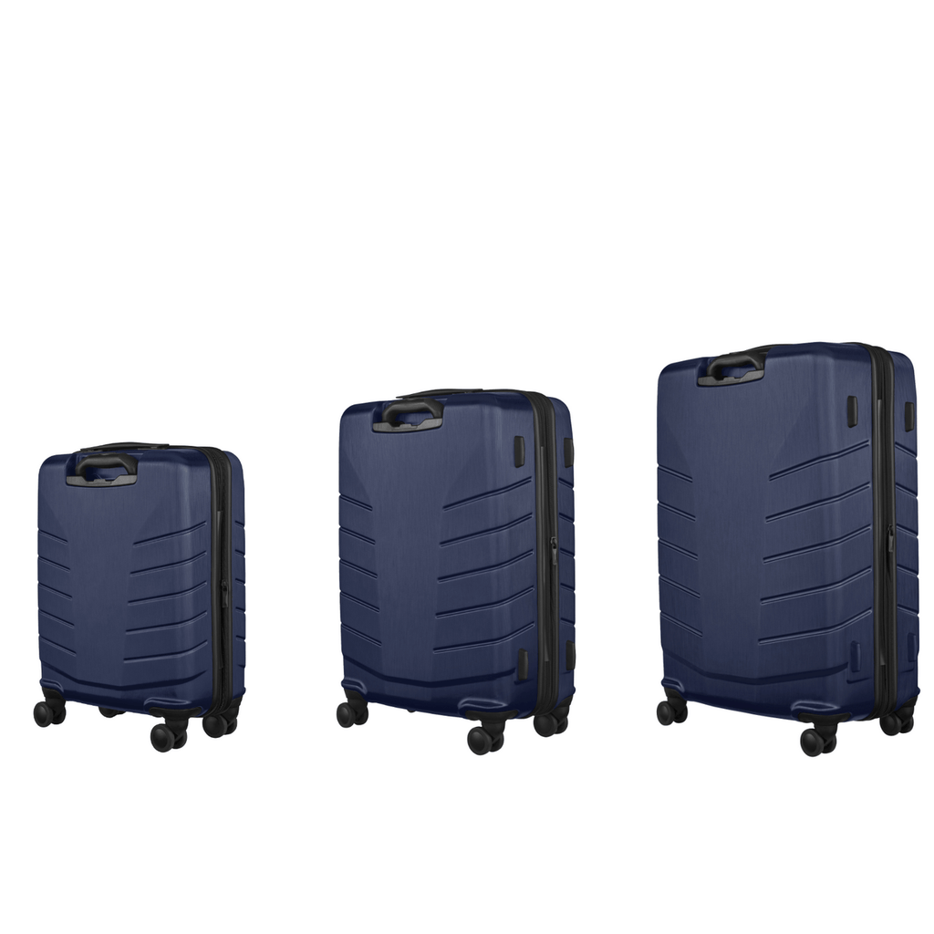 Set of three navy blue hardshell suitcases with wheels.