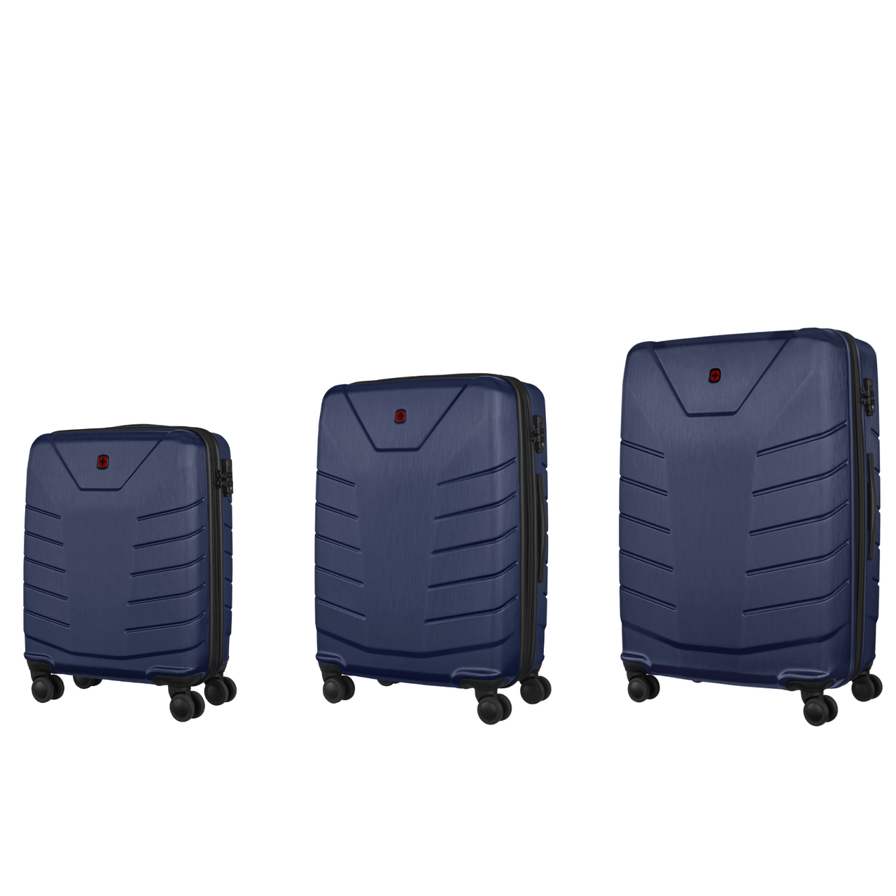 Set of three navy blue hardshell suitcases with ridged designs.