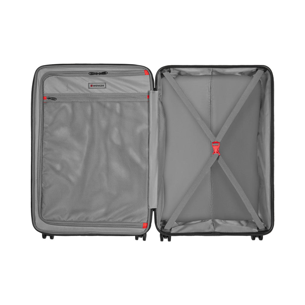 Open suitcase with two compartments lined in gray fabric.