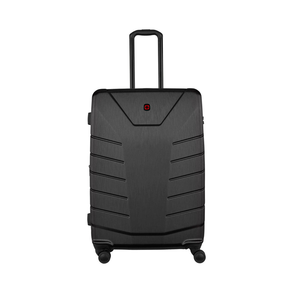 Black hardshell rolling suitcase with horizontal ridges and an extendable handle.