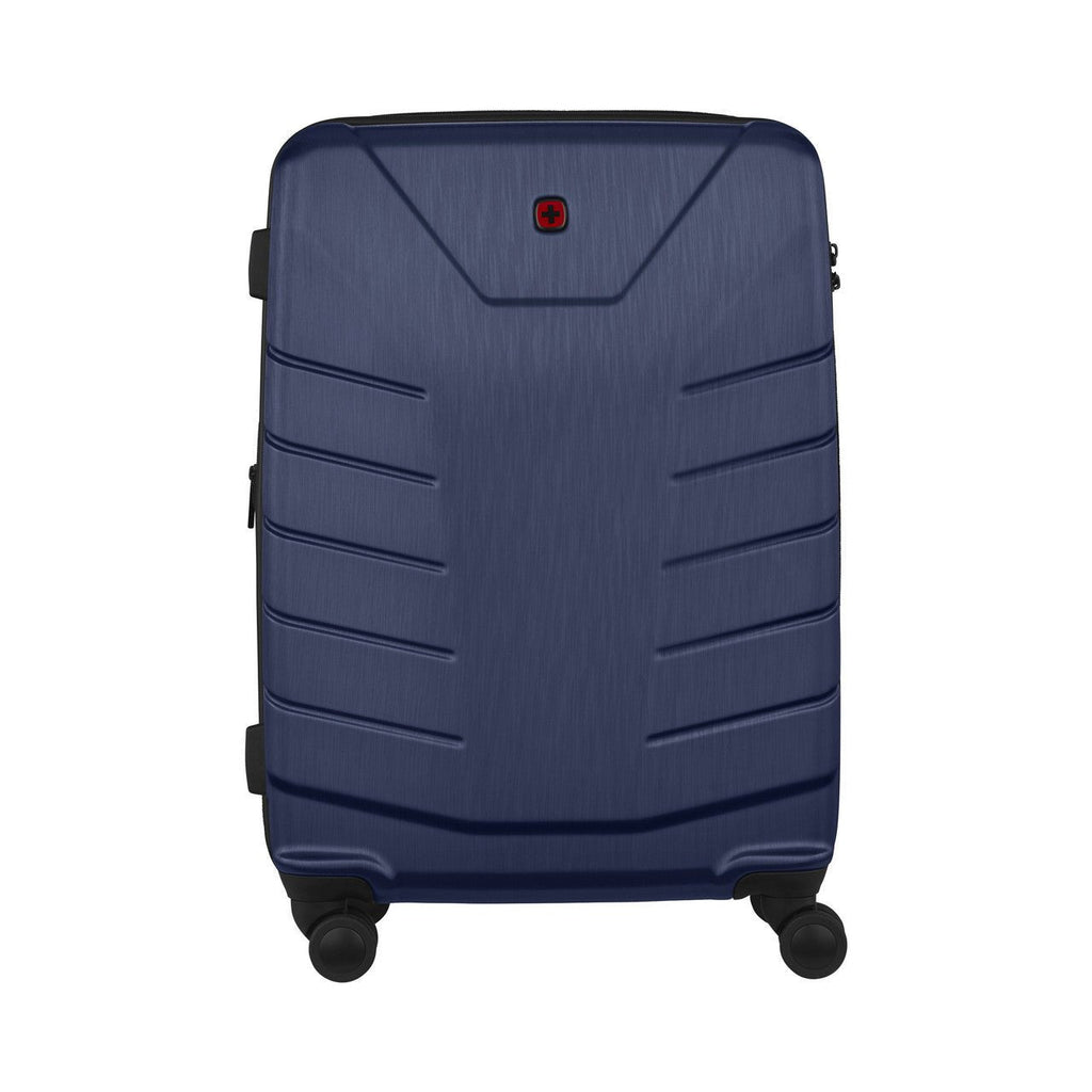 Navy blue hardshell suitcase with horizontal ridges and spinner wheels.