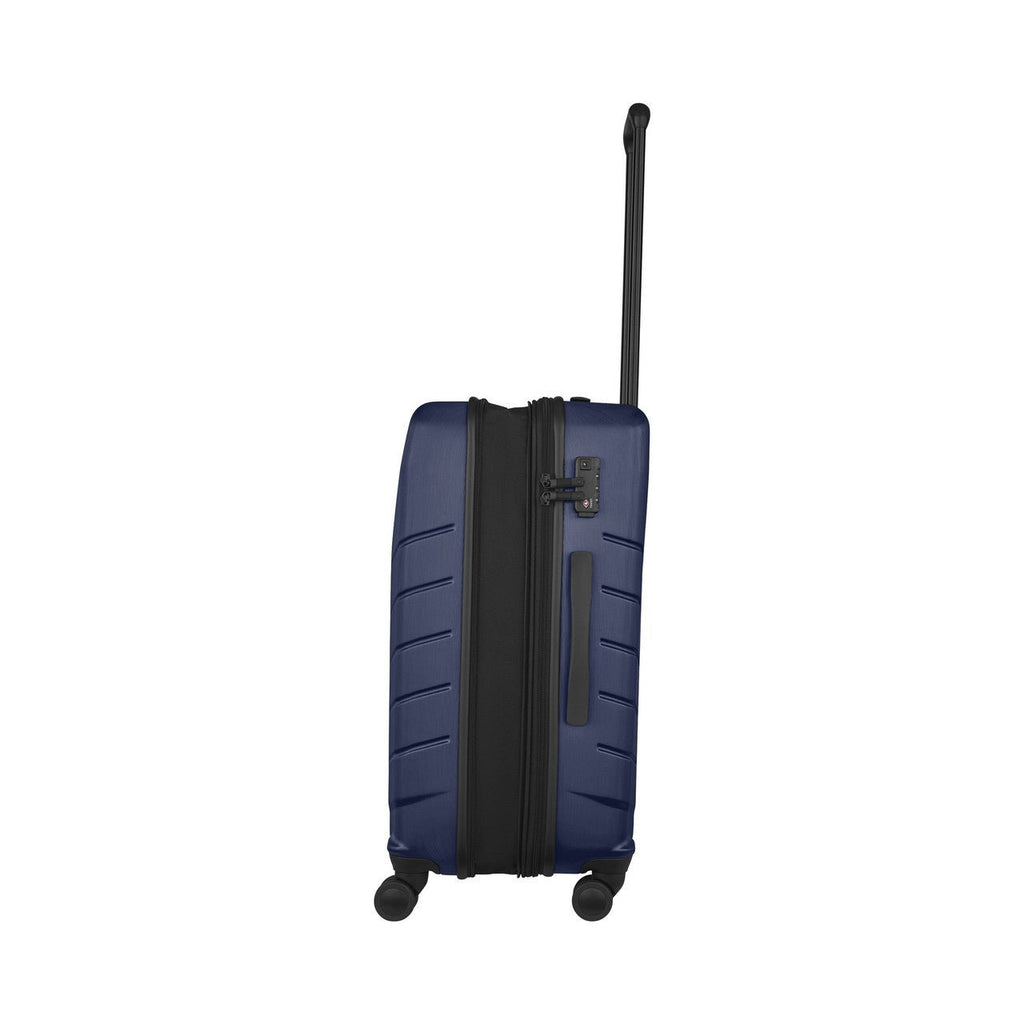 Navy blue hardshell rolling suitcase with extendable handle.