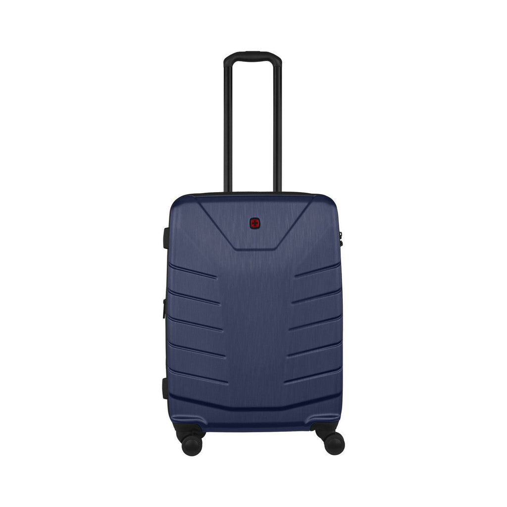 Navy blue hardshell suitcase with wheels and retractable handle.
