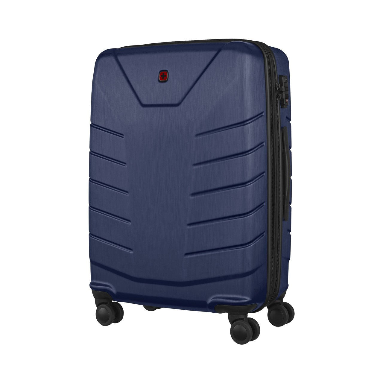 Navy blue hardshell suitcase with wheels and a retractable handle.