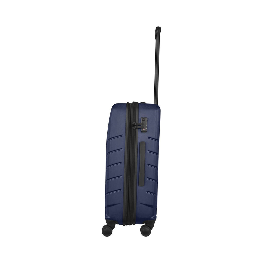 Navy blue hardshell rolling suitcase with an extendable handle.