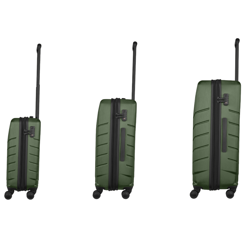 Set of three green hardshell suitcases with telescoping handles and wheels.