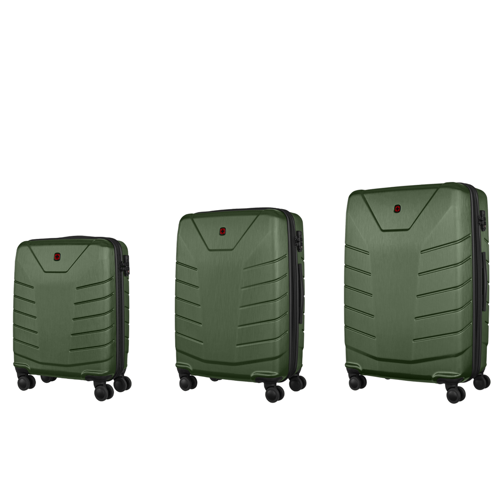 Set of three green hardshell suitcases with wheels.