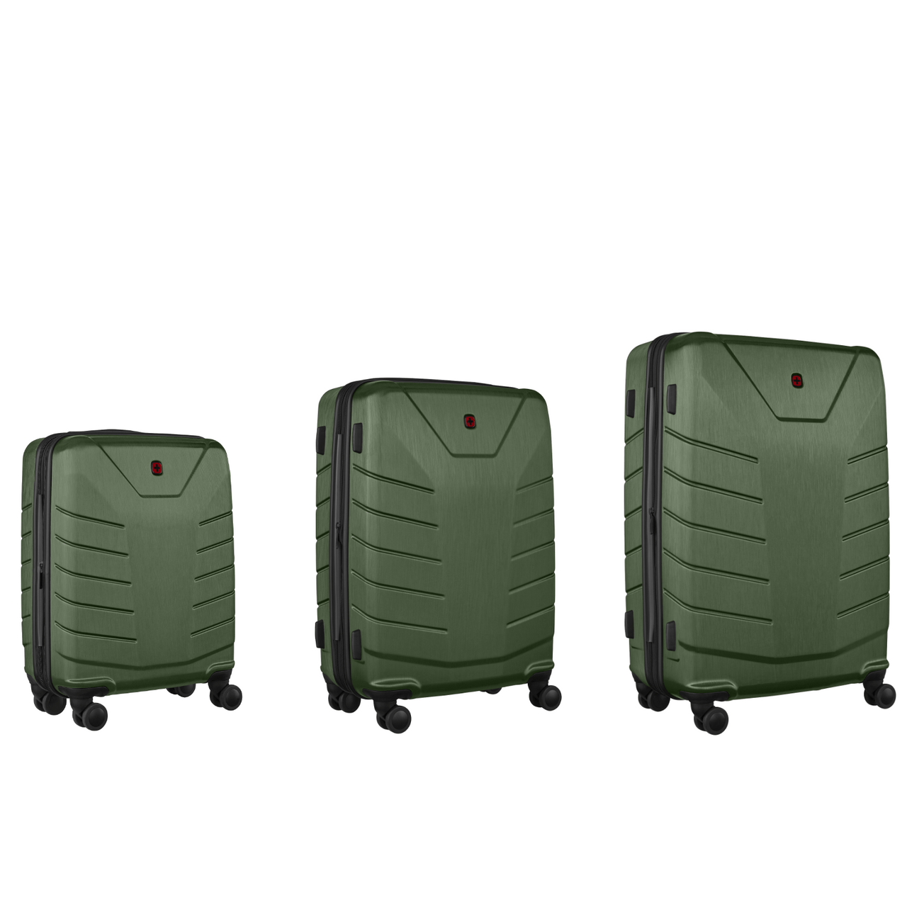 Set of three green hardshell suitcases with wheels.