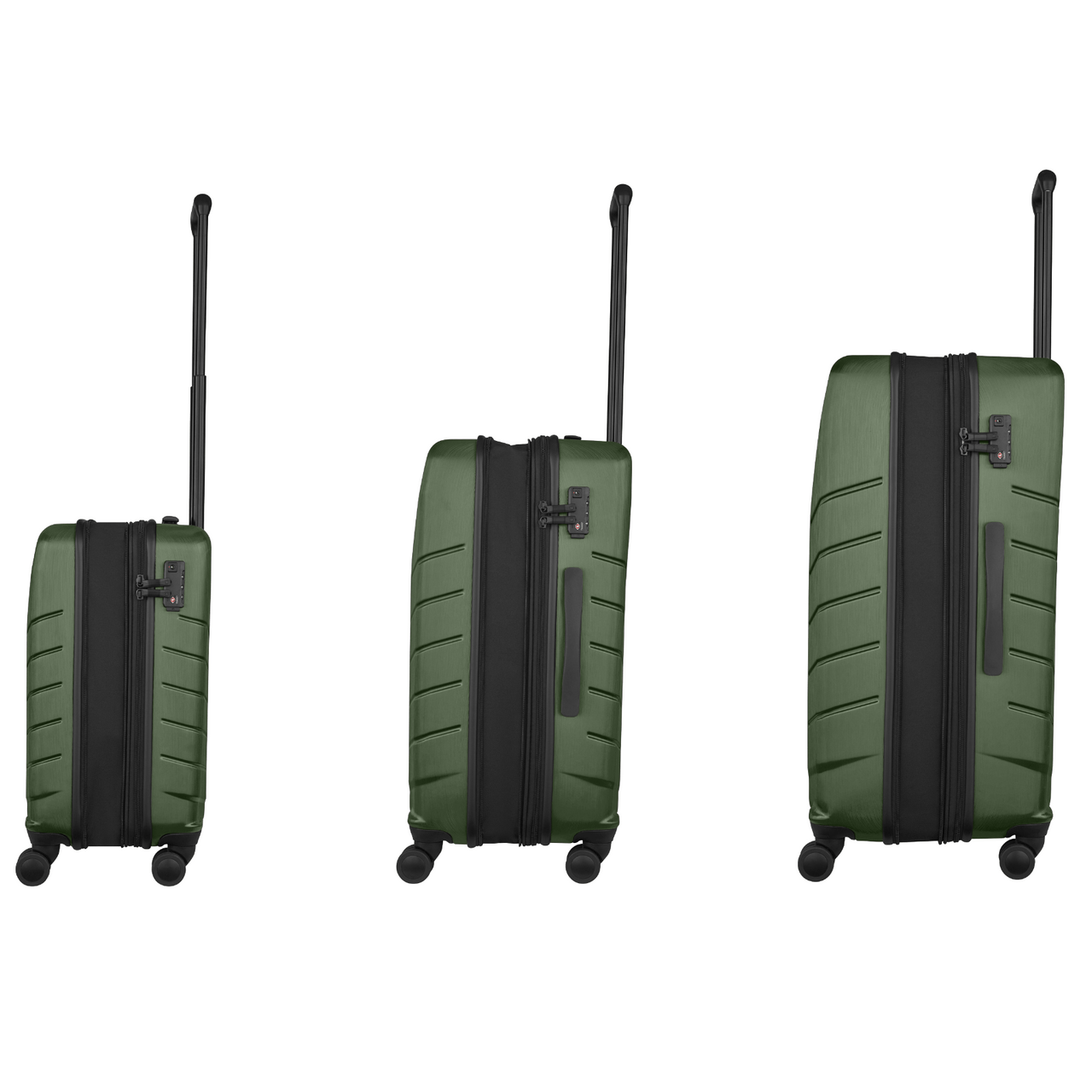 Set of three green hardshell suitcases with black zippers and telescoping handles.