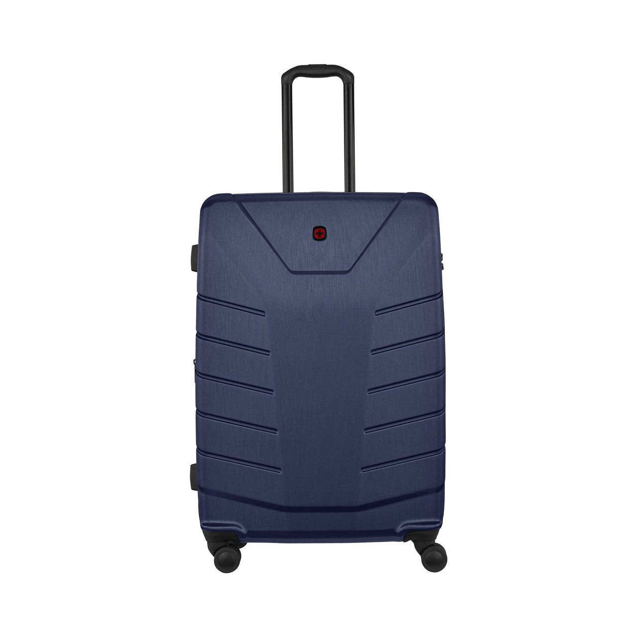 Navy blue hardshell rolling suitcase with horizontal ridges and an extendable handle.