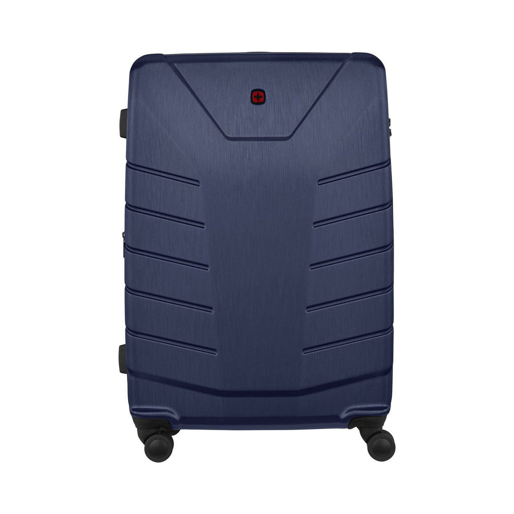 Navy blue hardshell suitcase with horizontal ridges and wheels.