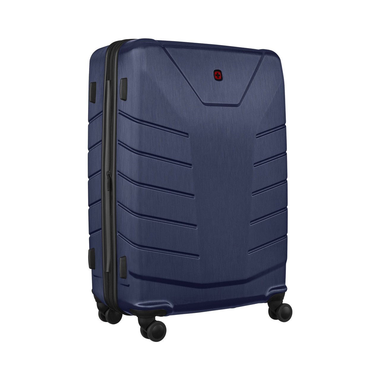Navy blue hardshell rolling suitcase with horizontal ridges.
