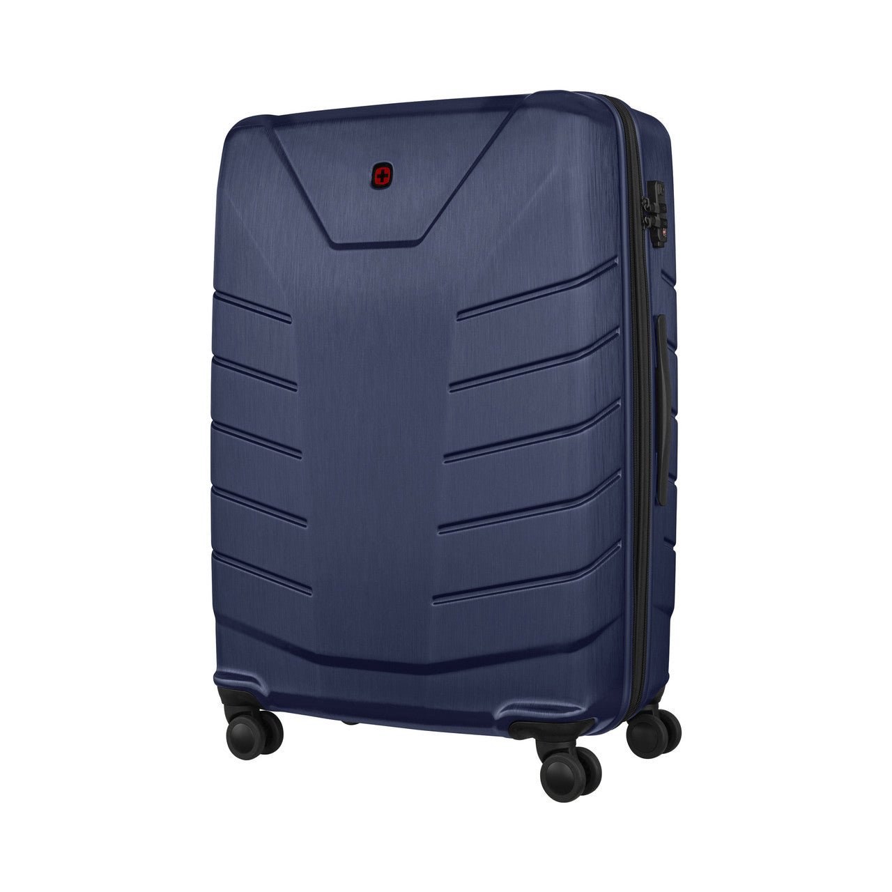 Navy blue hardshell suitcase with wheels and a retractable handle.