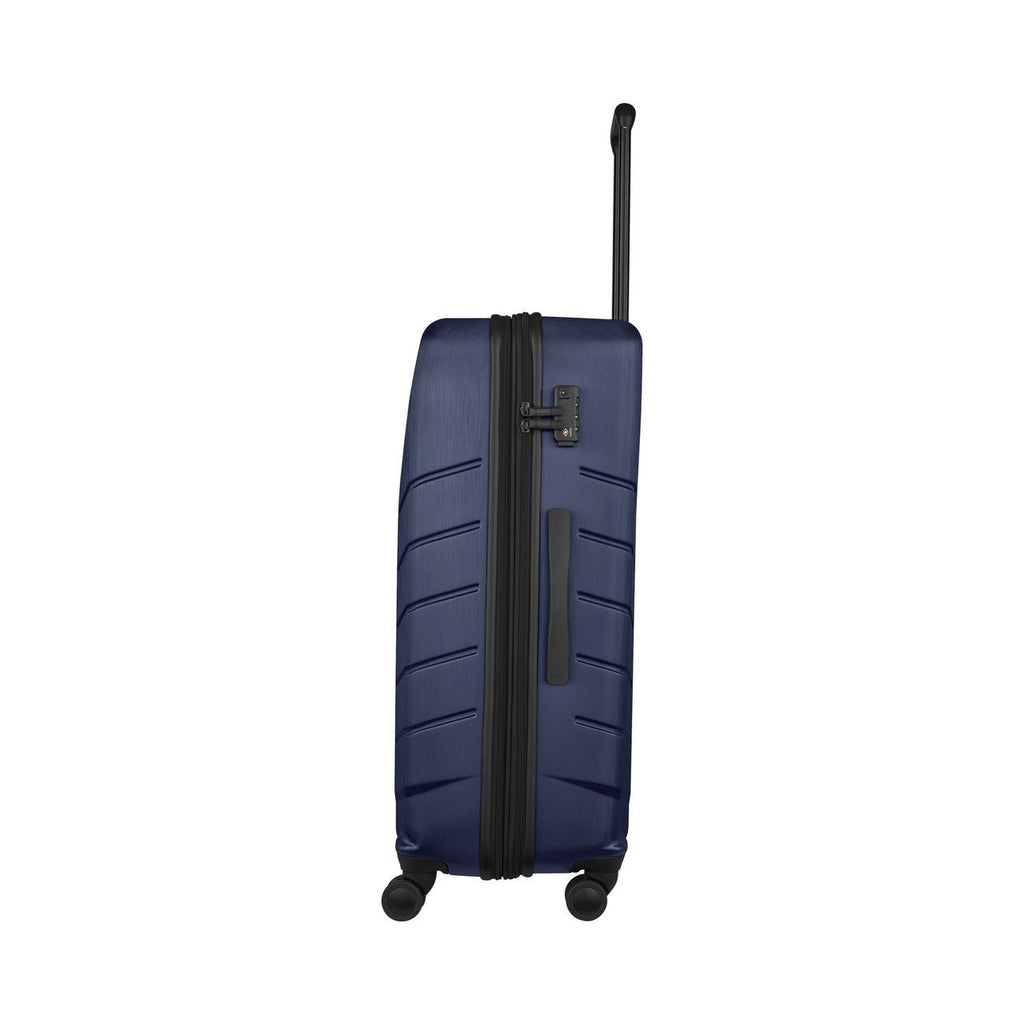 Navy blue hardshell suitcase with horizontal ridges and a telescoping handle.