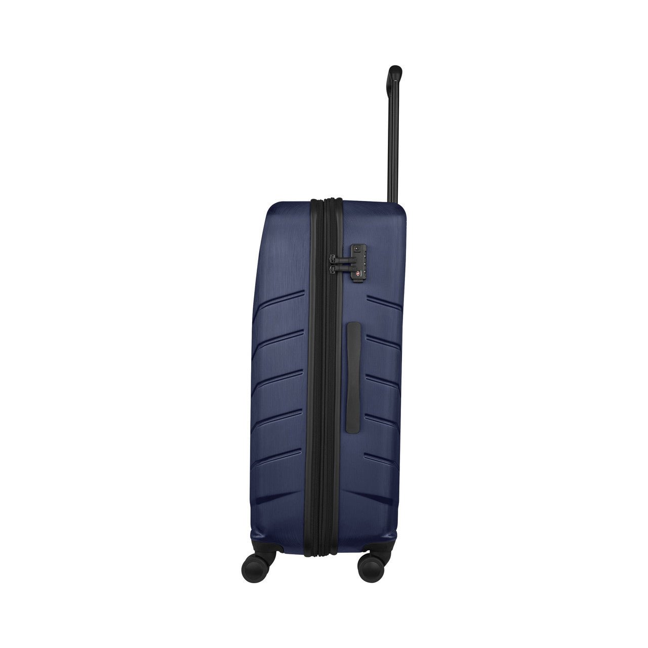Navy blue hardshell suitcase with horizontal ridges and a telescoping handle.
