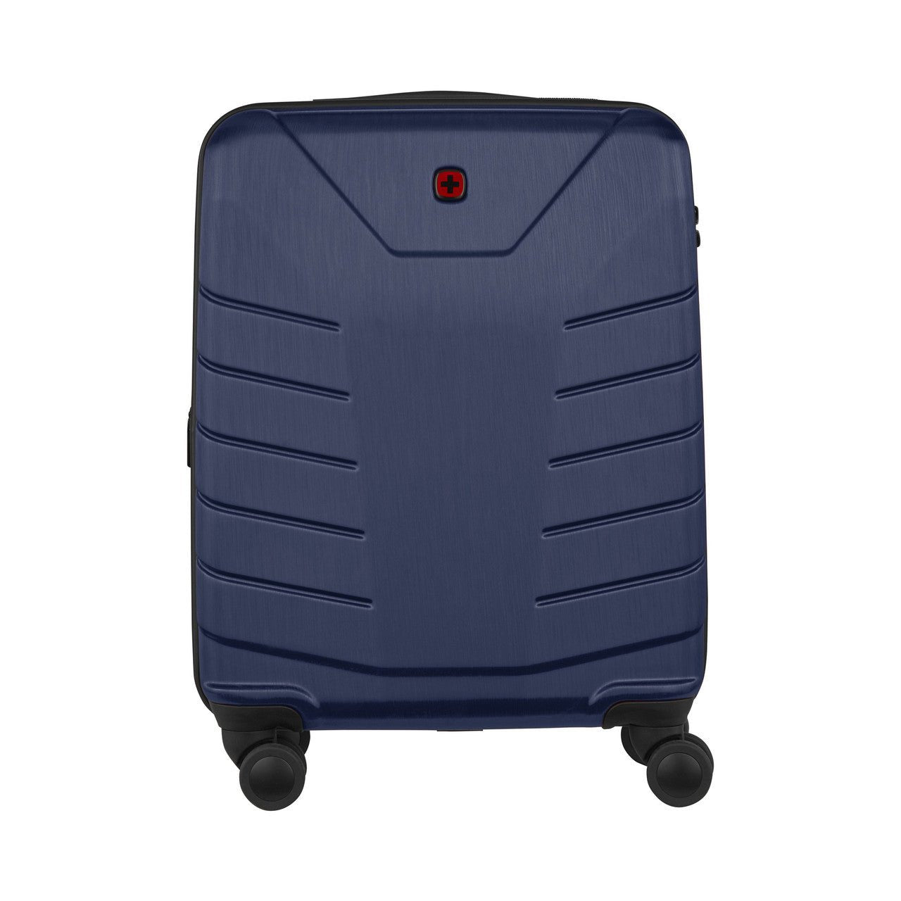 Navy blue hardshell rolling suitcase with horizontal ridges and a Swiss Army logo.