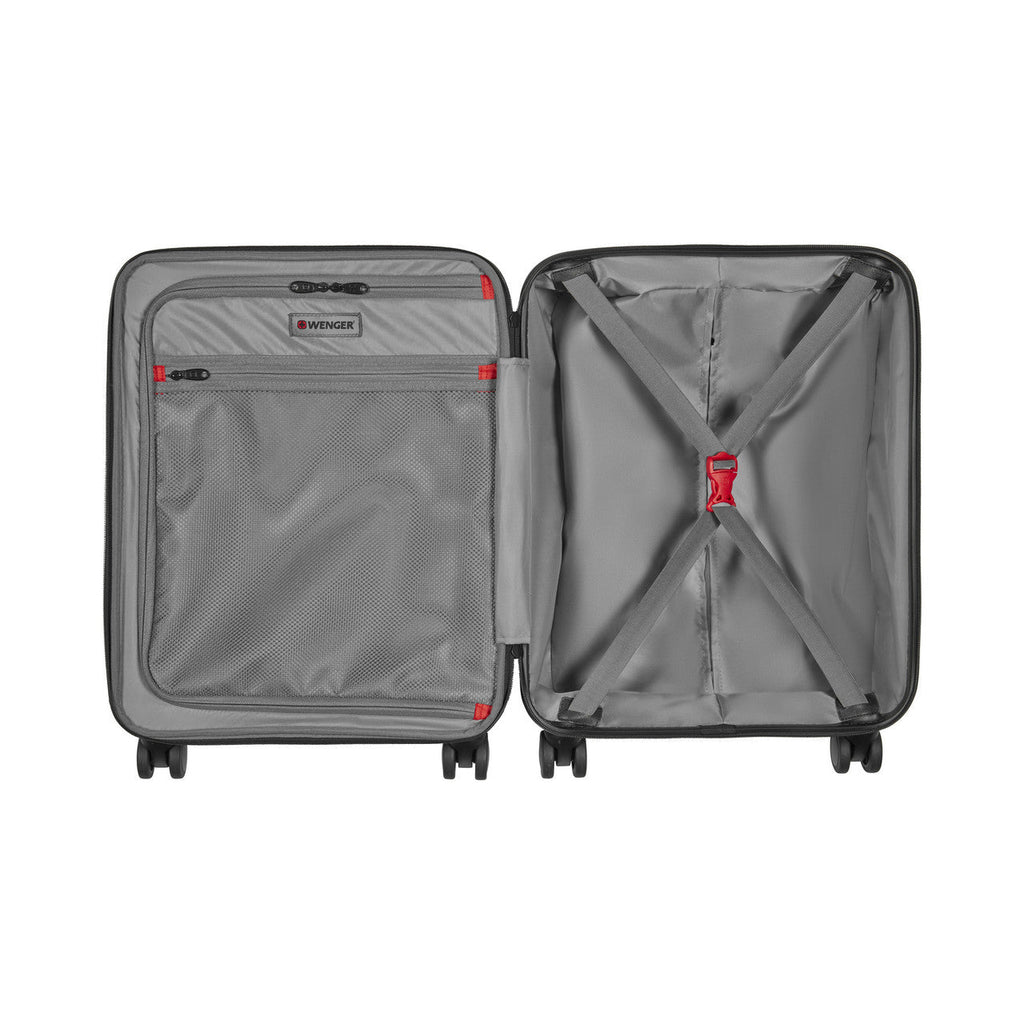 Open suitcase with two compartments, showing the interior lining and organizational features.