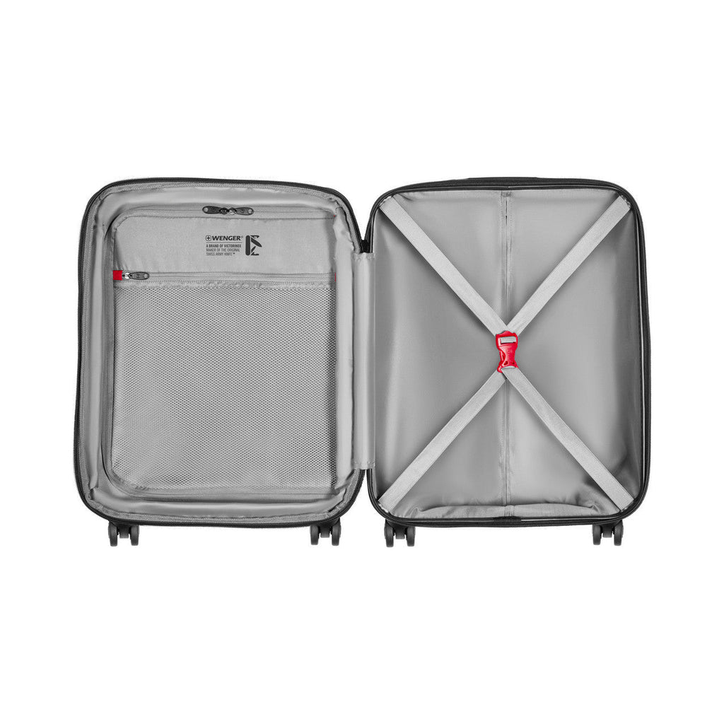 Open hard-shell suitcase showing interior compartments and straps.