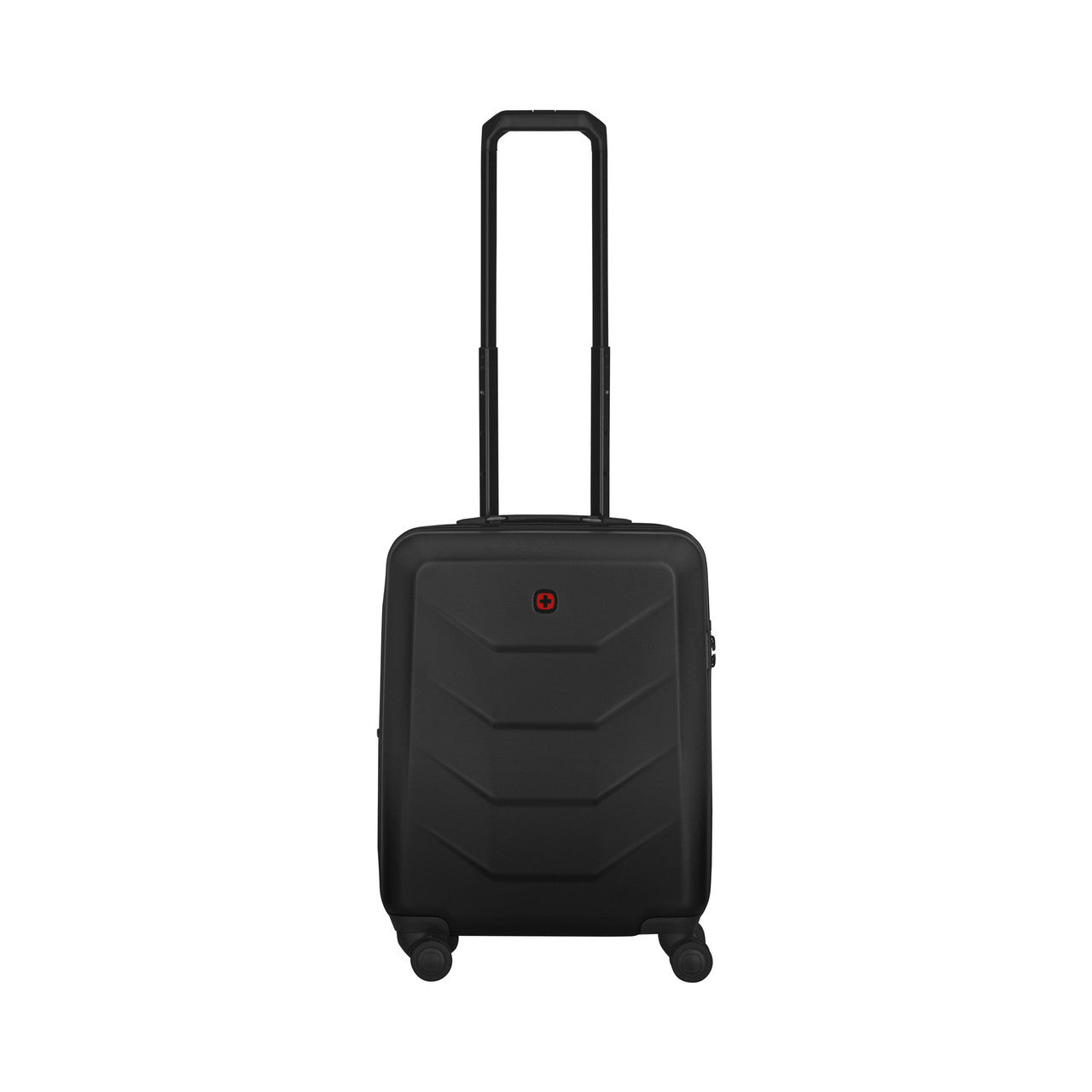 Black hardshell carry-on suitcase with retractable handle and wheels.