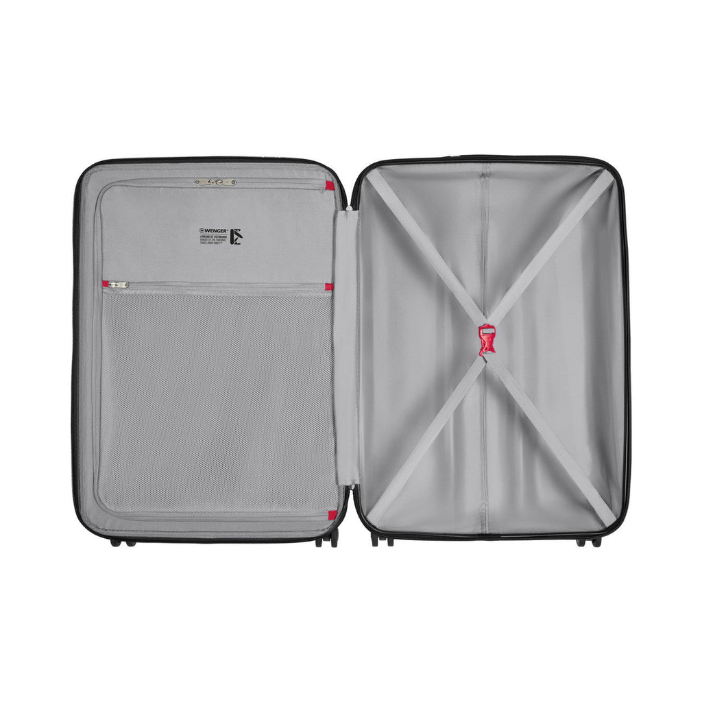 Open suitcase with two compartments, one side flat and the other with a zippered mesh pocket.